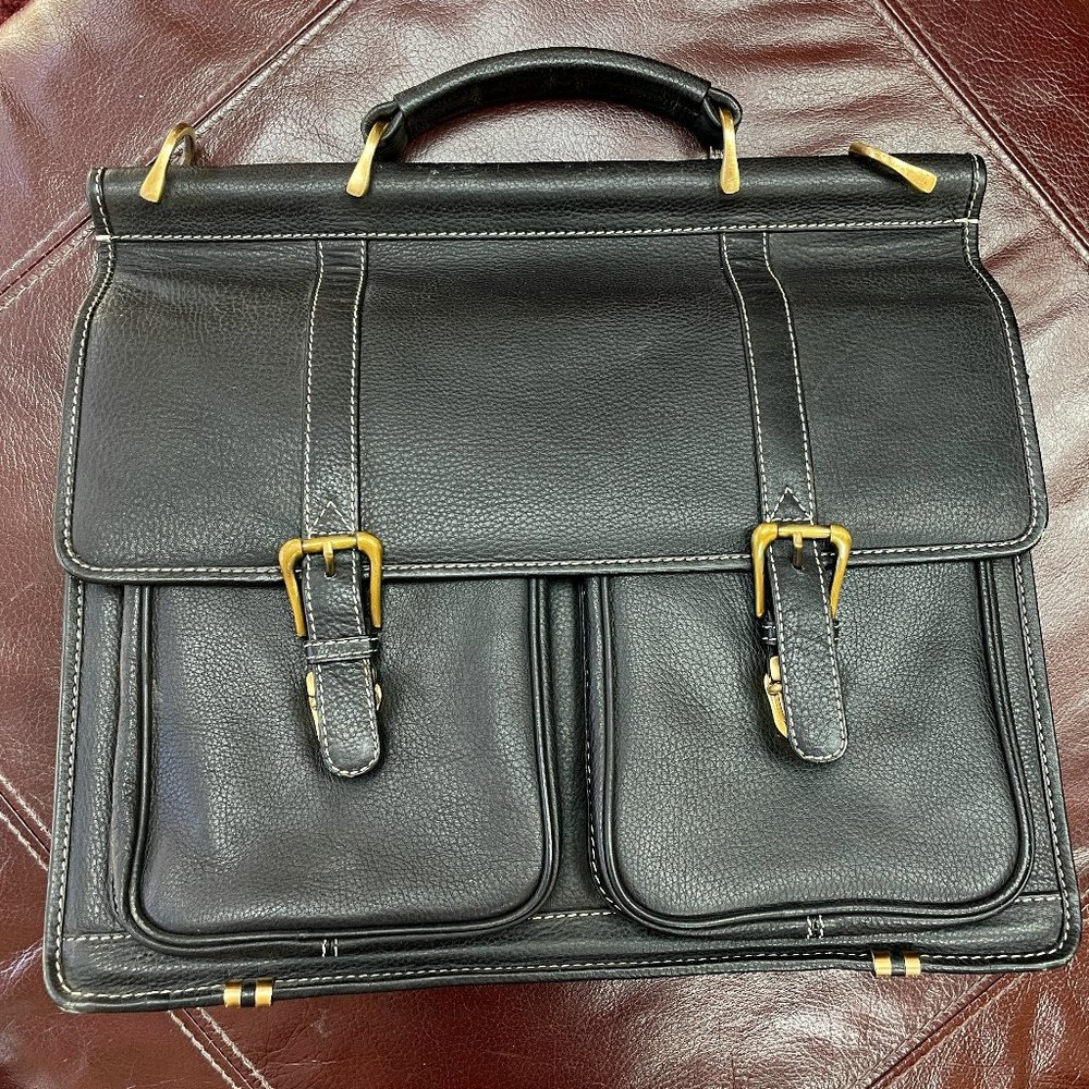 YL Black Leather Brief Case with Shoulder Strap
